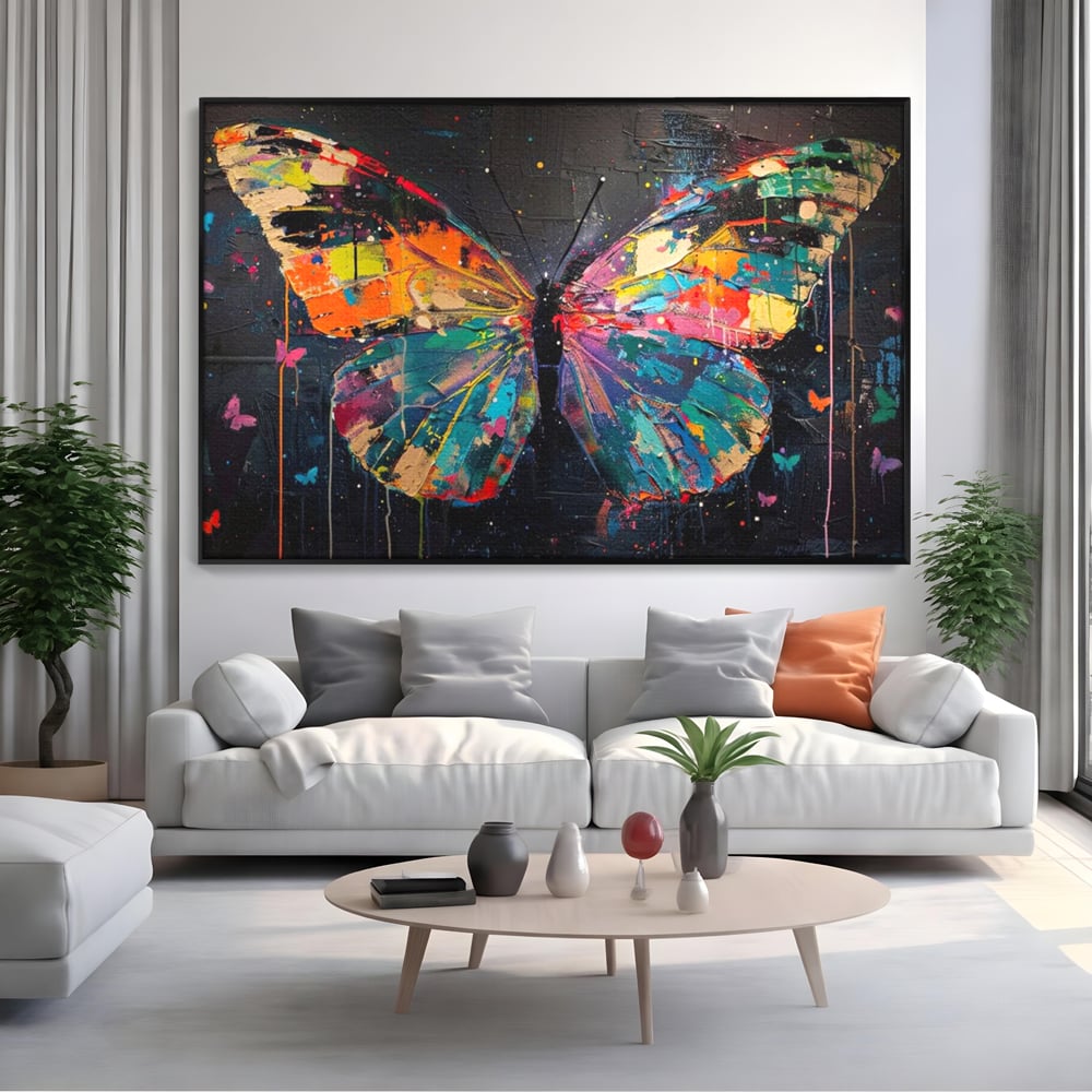Tablou canvas cu tablou canvas cu fluture multicolor, in rama de aluminiu negru, pe perete intr-un living